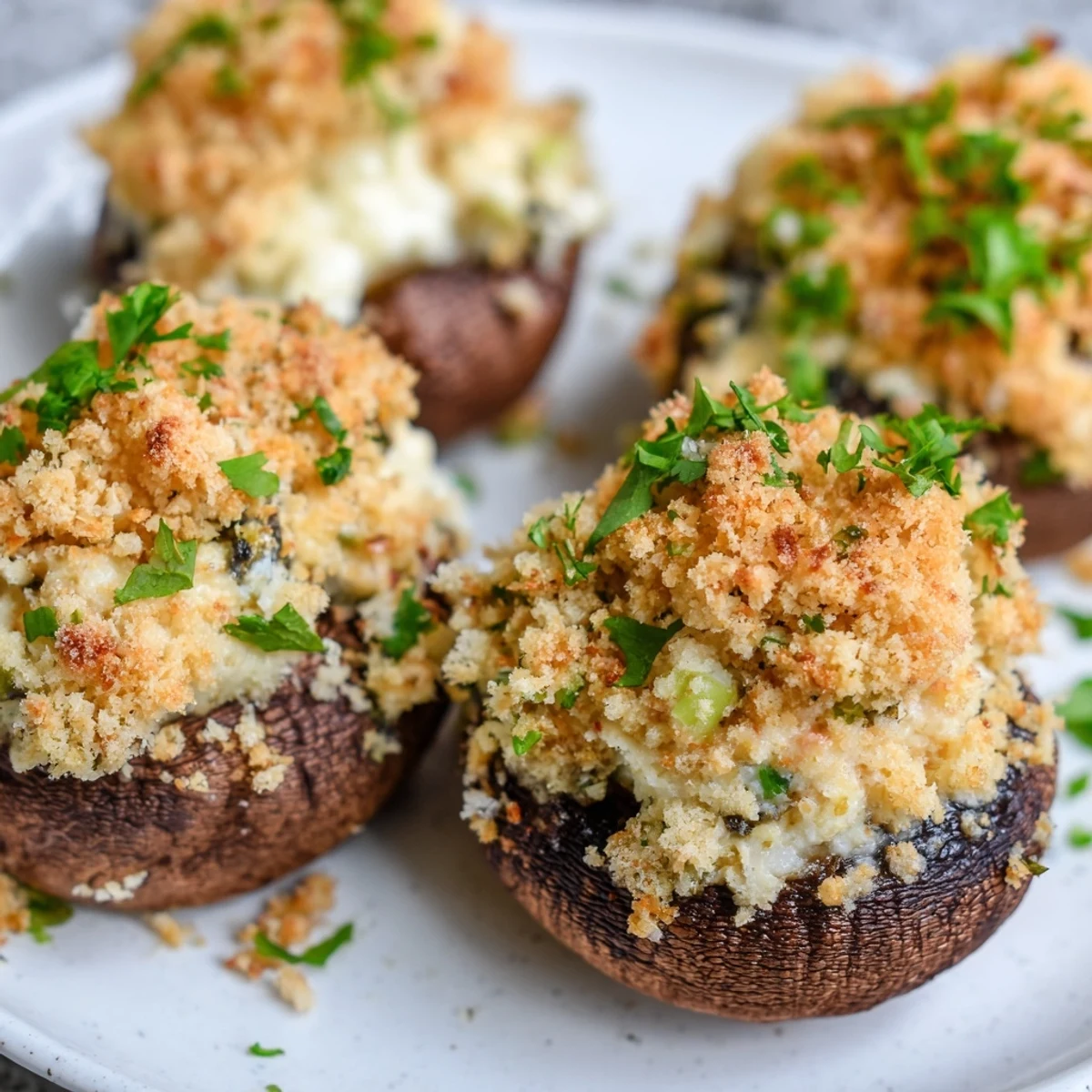 Golden-brown Mozzarella Popper Stuffed Mushrooms with melted cheese and spices garnished with parsley on a white plate.  