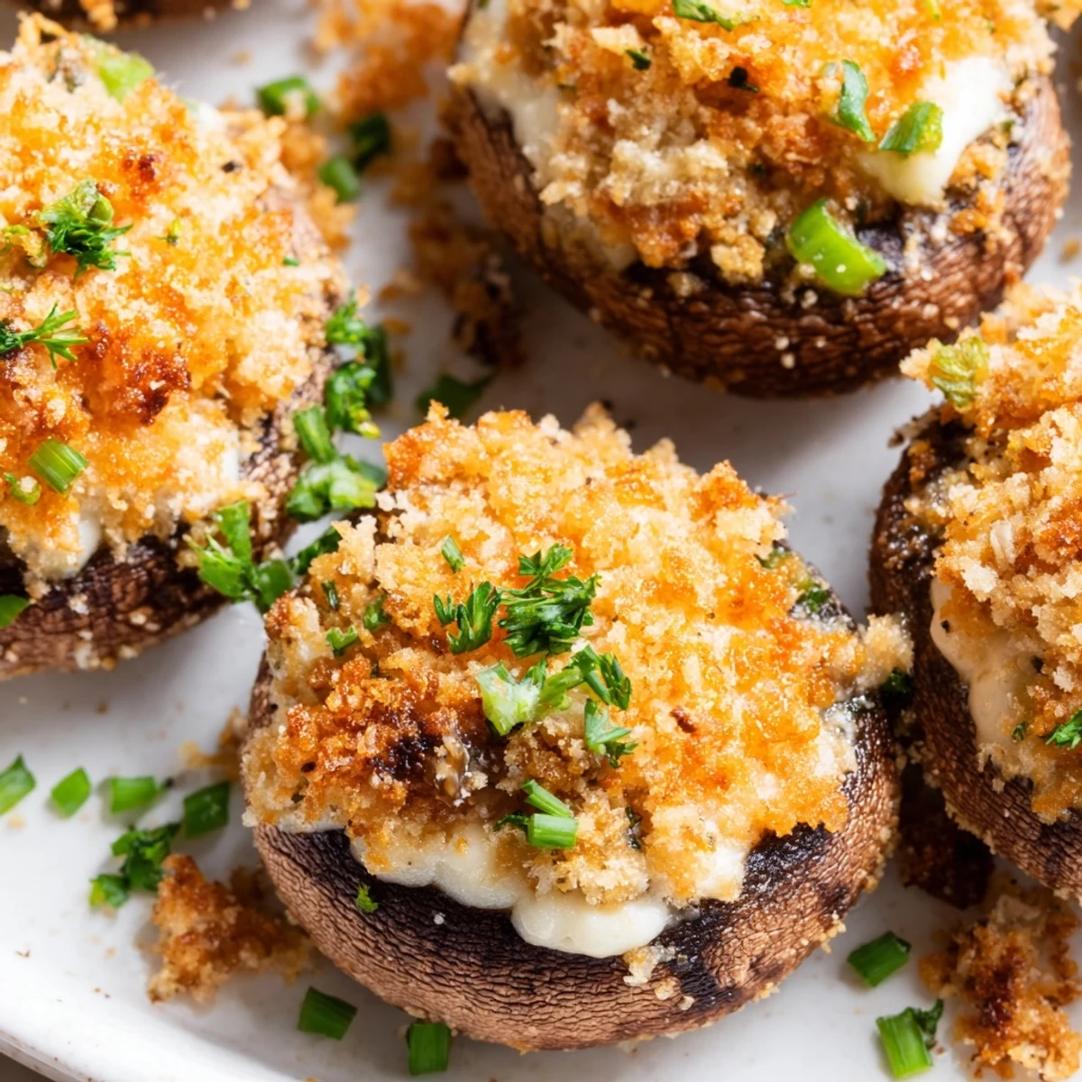 A close-up of Mozzarella Popper Stuffed Mushrooms filled with creamy mozzarella and cheddar, baked until bubbly.  