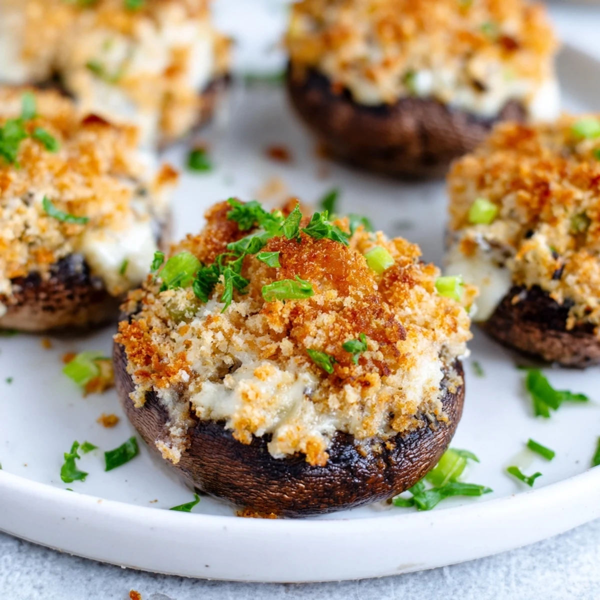 Freshly baked Mozzarella Popper Stuffed Mushrooms topped with crispy breadcrumbs and served warm for a party appetizer.