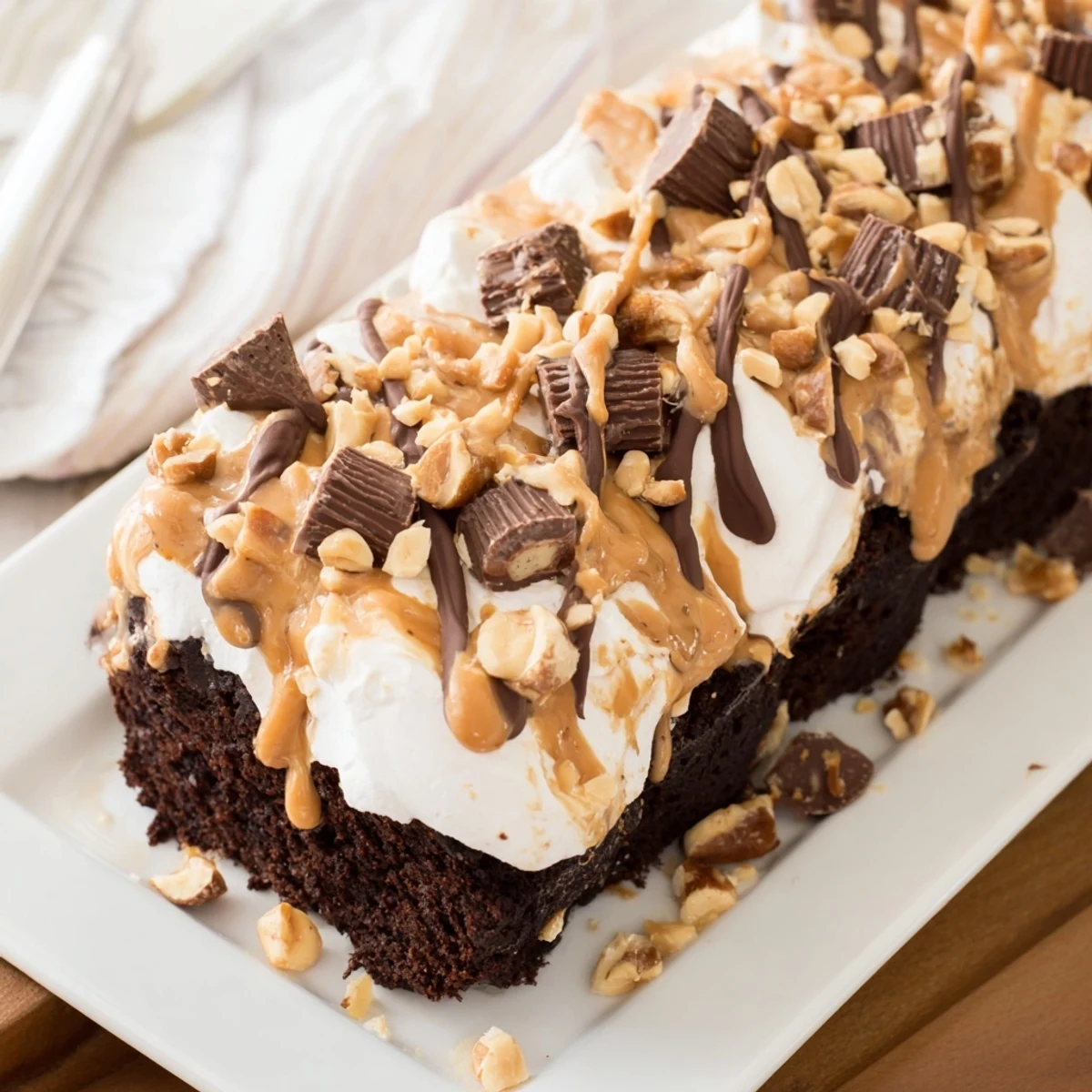Freshly prepared Chocolate Peanut Butter Poke Cake showcases whipped cream, chopped peanuts, and chocolate drizzle.