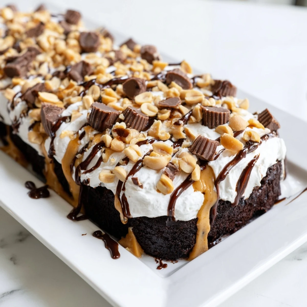 A slice of Chocolate Peanut Butter Poke Cake reveals moist crumb soaked with creamy peanut butter pudding.