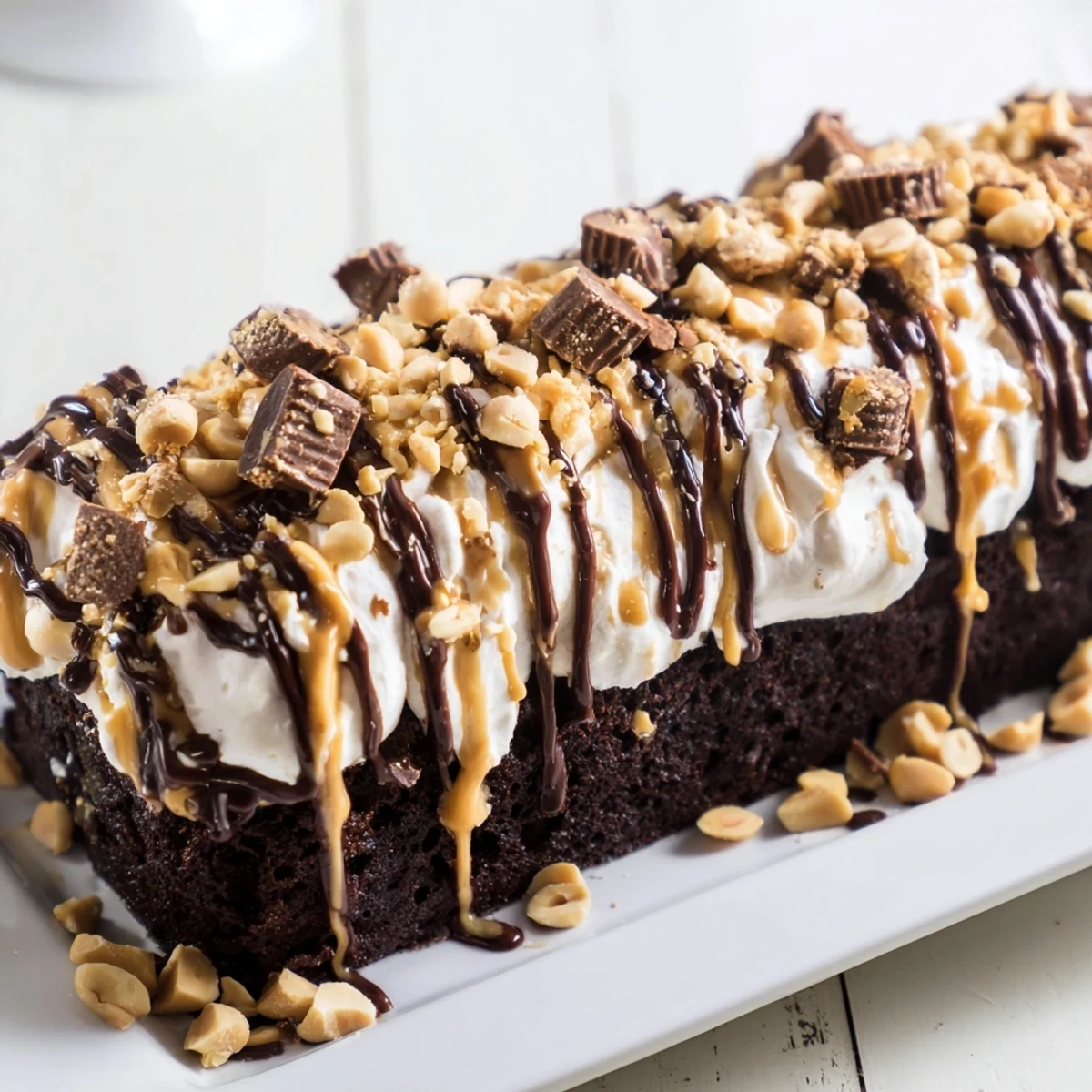 Serving suggestion for Chocolate Peanut Butter Poke Cake with cold milk and coffee for dessert.