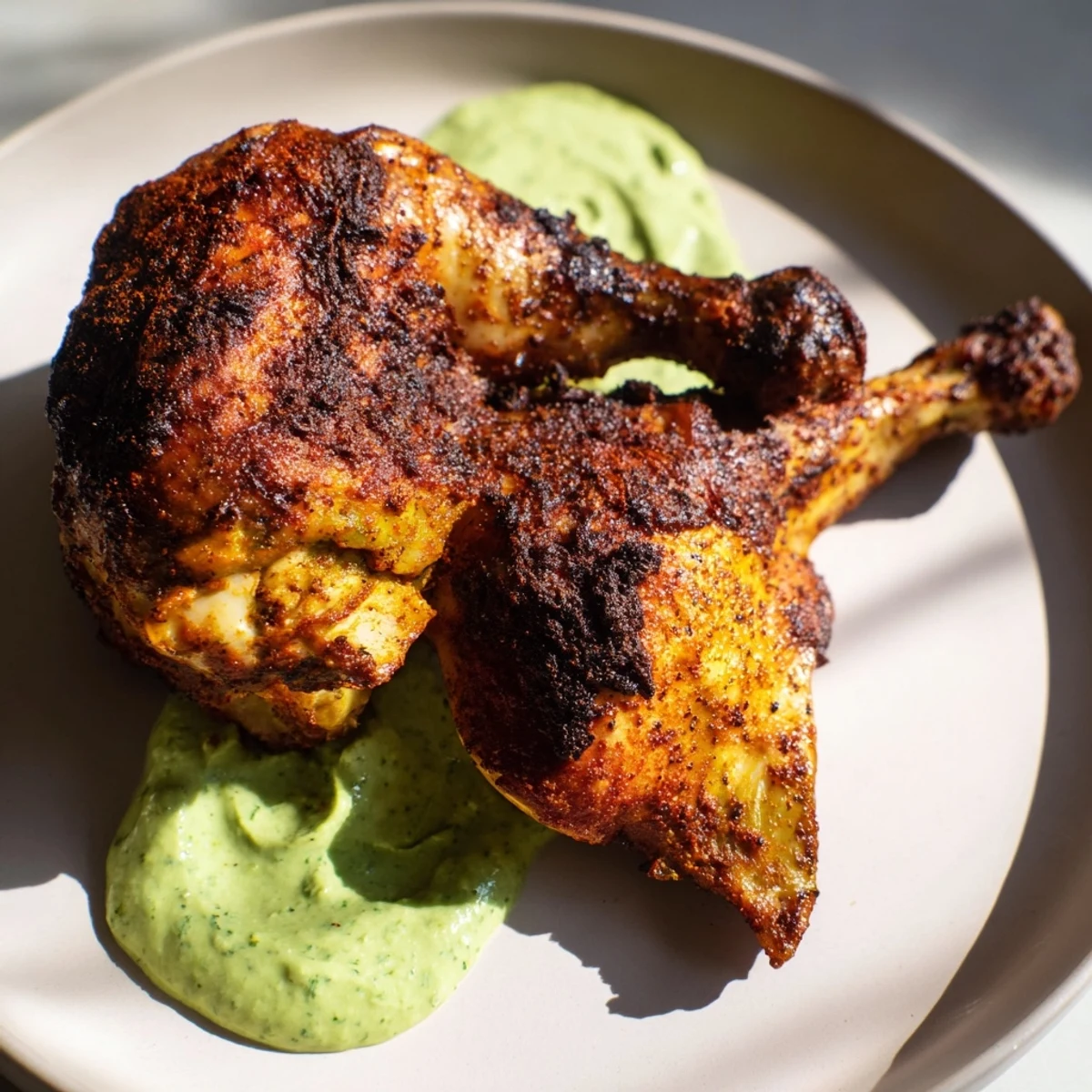 A beautifully roasted Peruvian Roast Chicken with Creamy Green Sauce, its golden-brown skin glistening with spices and resting next to a vibrant green drizzle.