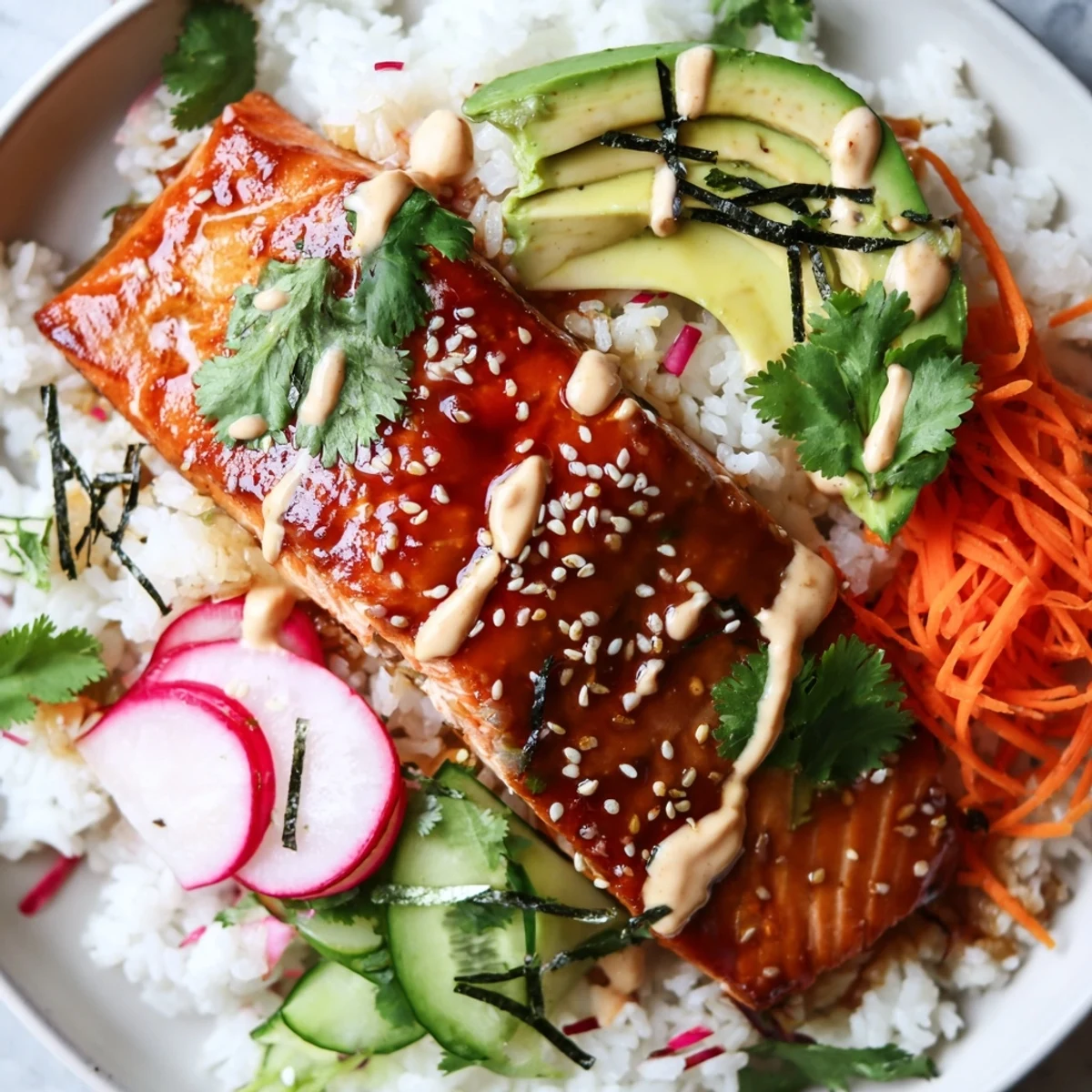 Juicy salmon in a glossy teriyaki glaze pairs with jasmine rice and vibrant pickled vegetables for a tasty bowl.