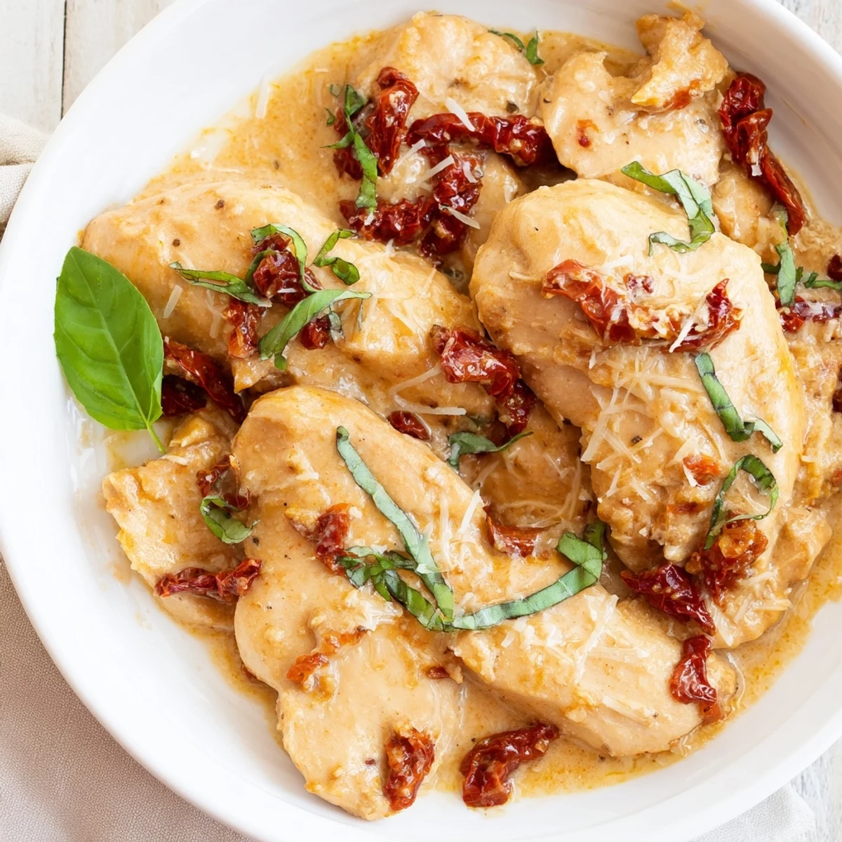 A close-up of Marry Me One Pan Chicken in Sun-Dried Tomato Cream Sauce, featuring juicy golden-brown chicken breasts smothered in a vibrant red sauce with fresh basil garnish.
