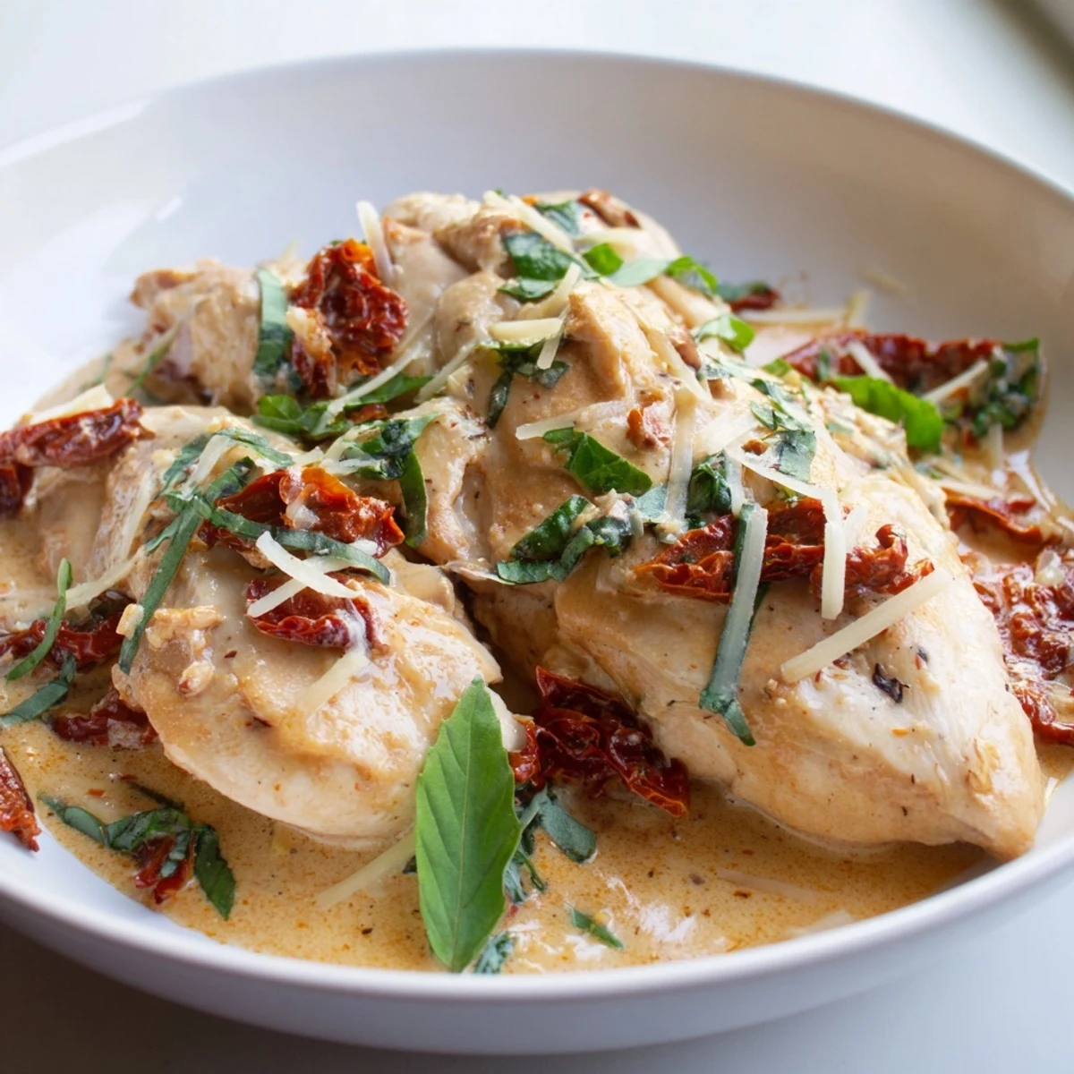 Marry Me One Pan Chicken in Sun-Dried Tomato Cream Sauce sizzling in a skillet, with creamy sauce bubbling around tender chicken and aromatic garlic and herbs.