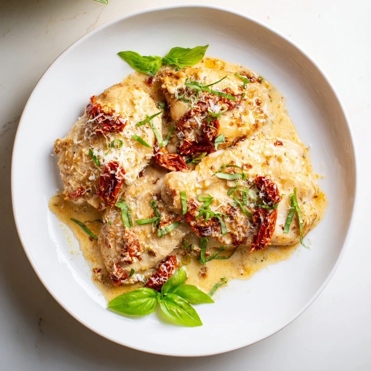 Plated Marry Me One Pan Chicken in Sun-Dried Tomato Cream Sauce served over mashed potatoes, garnished with fresh basil and a sprinkle of Parmesan cheese.