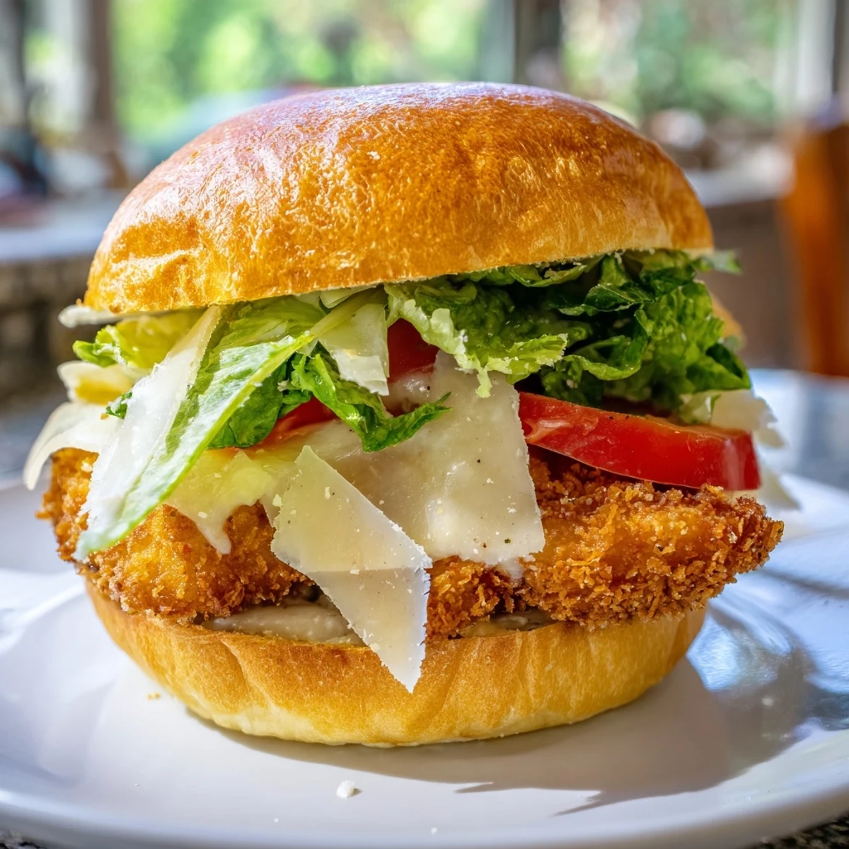 A golden crispy chicken fillet nestled in a toasted brioche bun with creamy Caesar dressing and fresh romaine lettuce.