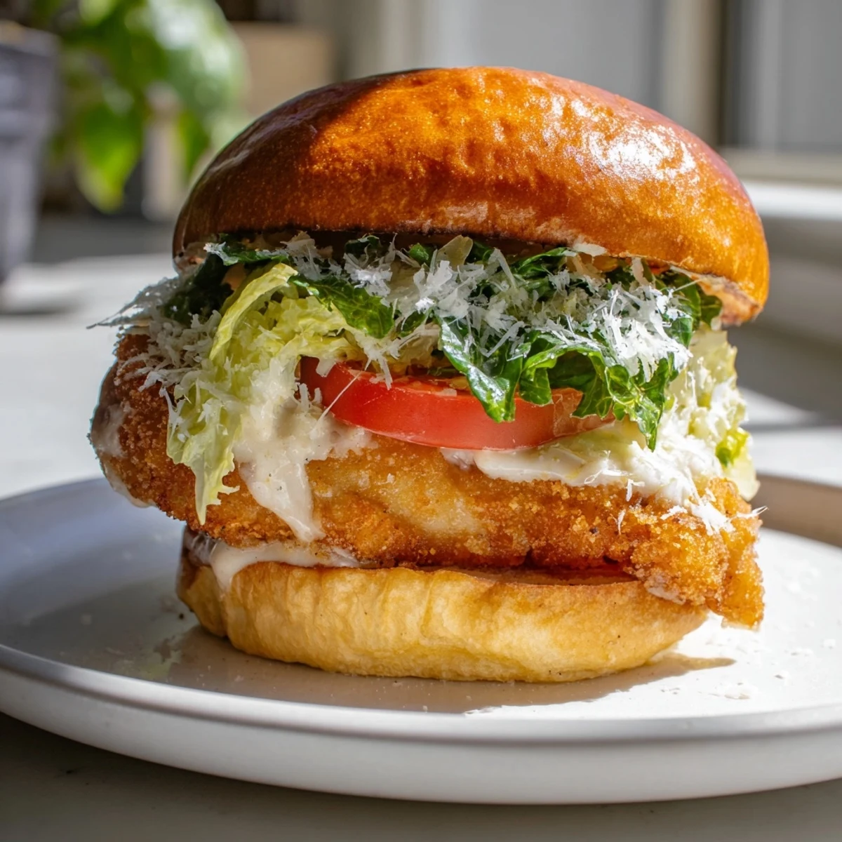 Close-up of the Marry Me Crispy Chicken Caesar Sandwich on a rustic plate, showcasing shaved Parmesan and juicy tomato slices.