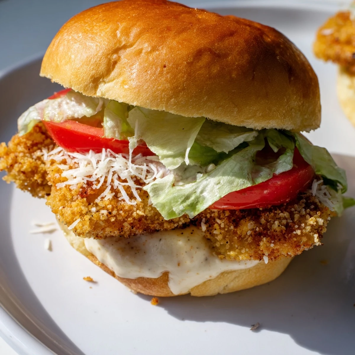 Crunchy breaded chicken breast with creamy Caesar sauce and crisp greens inside a toasted sandwich bun for a satisfying meal.