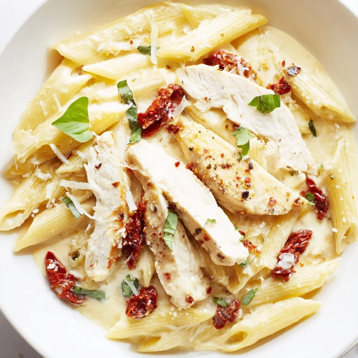 Sliced tender chicken and penne coated in a rich garlic Parmesan sauce with sun-dried tomatoes, served warm.