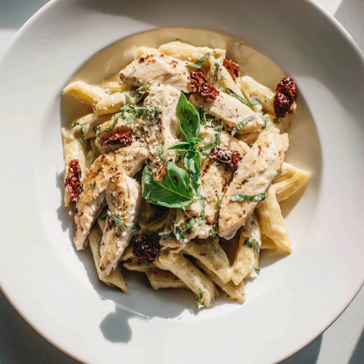A romantic serving of Marry Me Garlic Parmesan Chicken Pasta alongside crusty bread on a rustic wooden table.