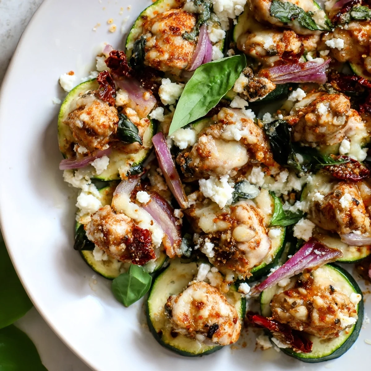 Golden bubbly cheese tops the Marry Me Mediterranean Chicken Zucchini Bake with sun-dried tomatoes and herbs.