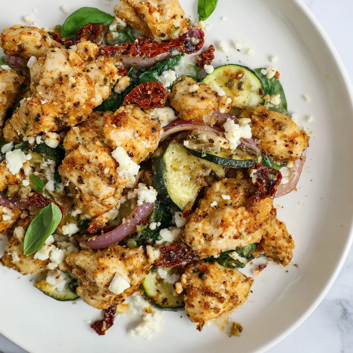 Tender chicken and zucchini layers in the Marry Me Mediterranean Chicken Zucchini Bake with creamy feta.