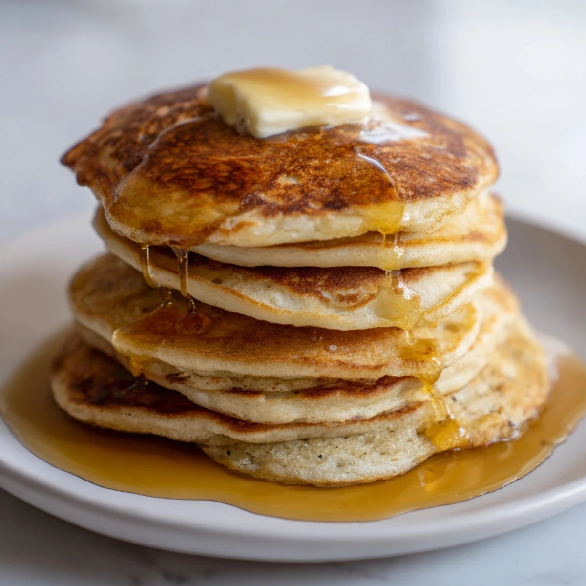Fluffy Sourdough Discard Pancakes sizzling on a griddle, with a tender crumb and a side of melting butter.