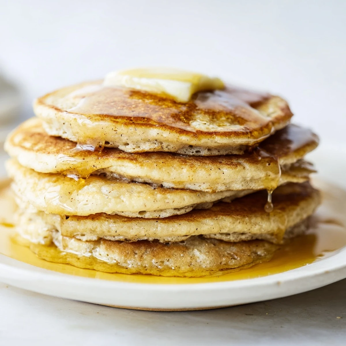 Stack of warm Sourdough Discard Pancakes served with butter and syrup, ready for a cozy morning meal.