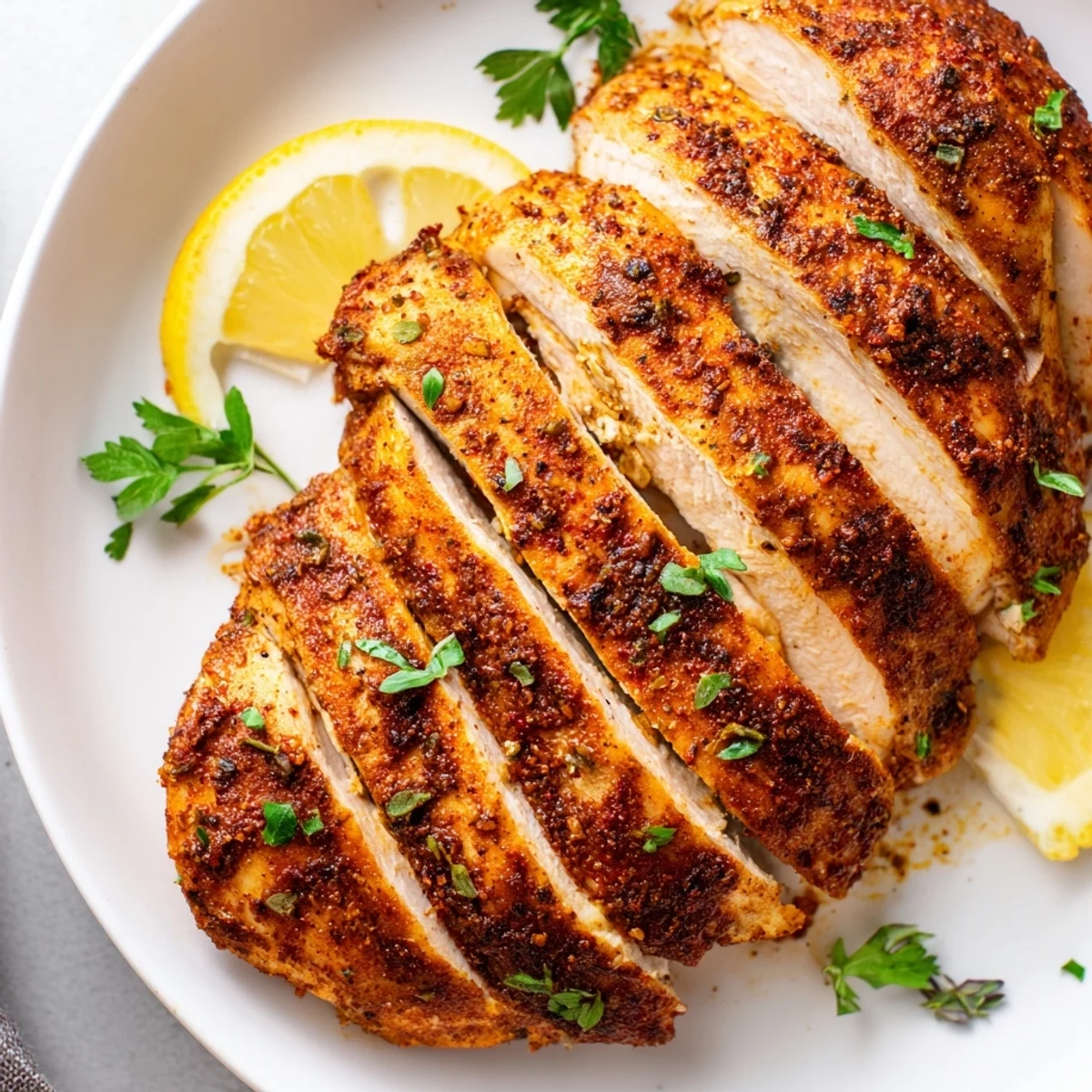 Golden-brown oven baked chicken breasts rest on a baking sheet, seasoned with paprika and herbs.