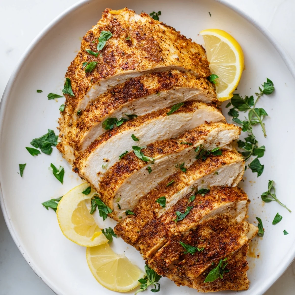 Sliced juicy oven baked chicken breasts are plated beside roasted vegetables and fresh lemon wedges.