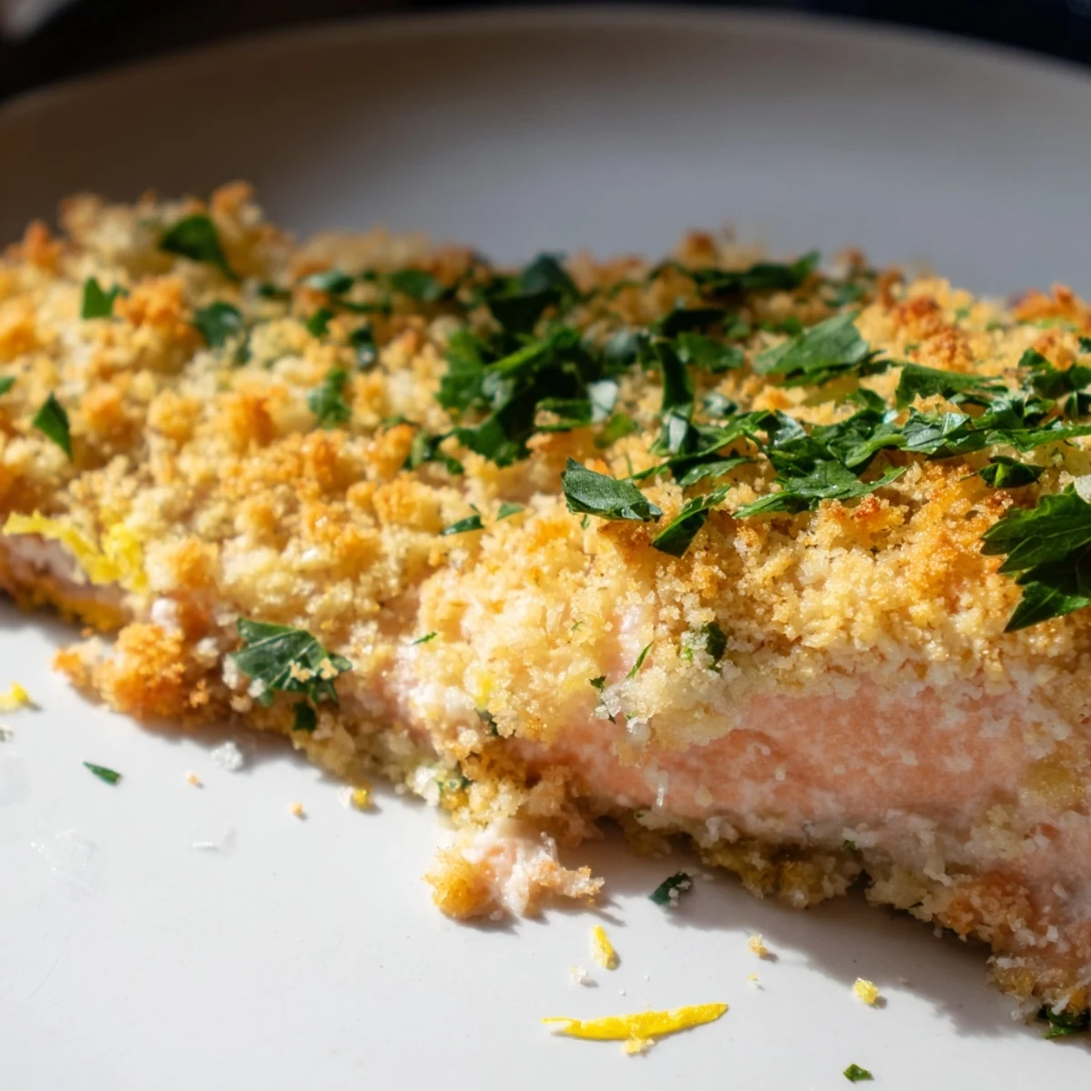 Freshly baked Crispy Parmesan Salmon fillets with a golden, buttery crust and a lemon wedge on a white plate.  