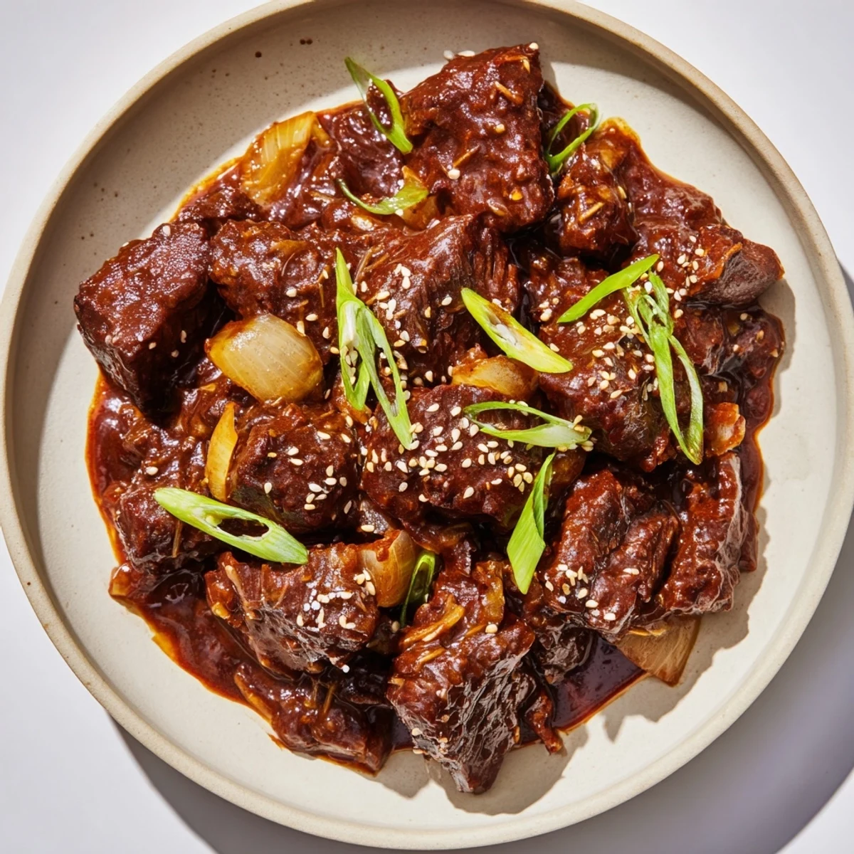 Steaming Crock Pot Korean Beef shreds easily over white rice with green onions and sesame seeds.