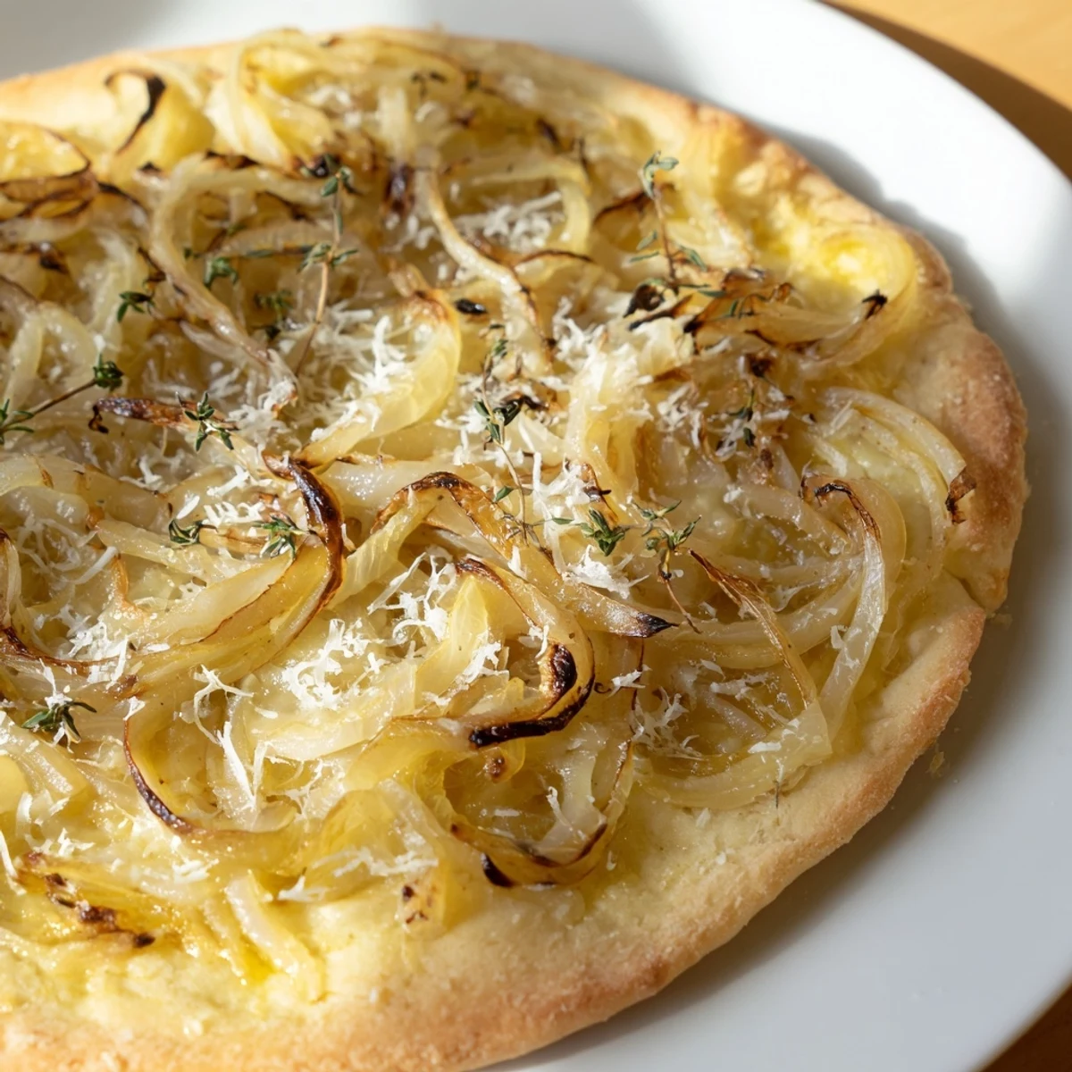 Fresh arugula garnish adds peppery contrast to the savory Caramelized Onion Pizza With Melty Cheese on a rustic wooden board.