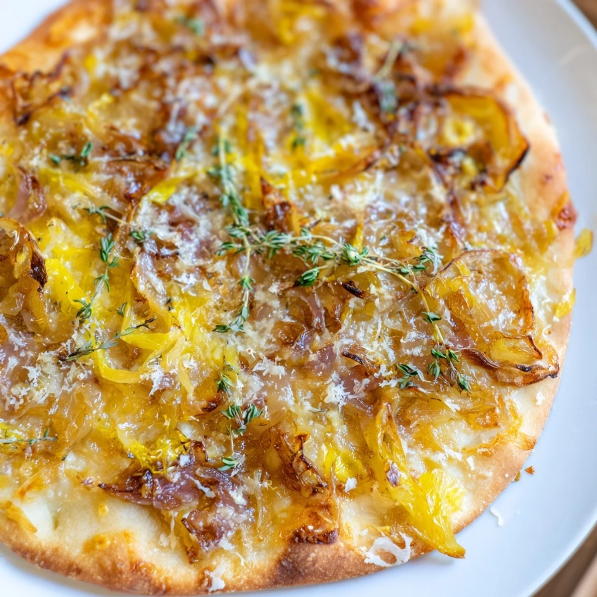 A slice of Caramelized Onion Pizza With Melty Cheese lifted high, showing off melted strings of fontina and mozzarella.