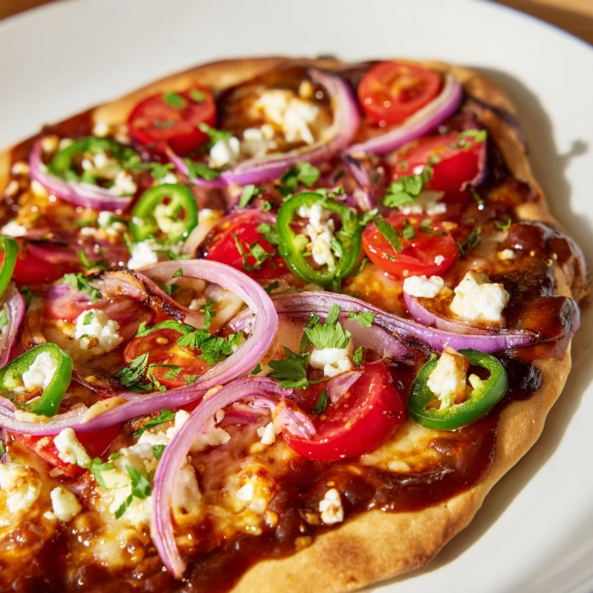 Freshly baked Sweet Heat Honey Garlic Flatbread Pizza with melty mozzarella, red onion, and jalapeños on a baking sheet.