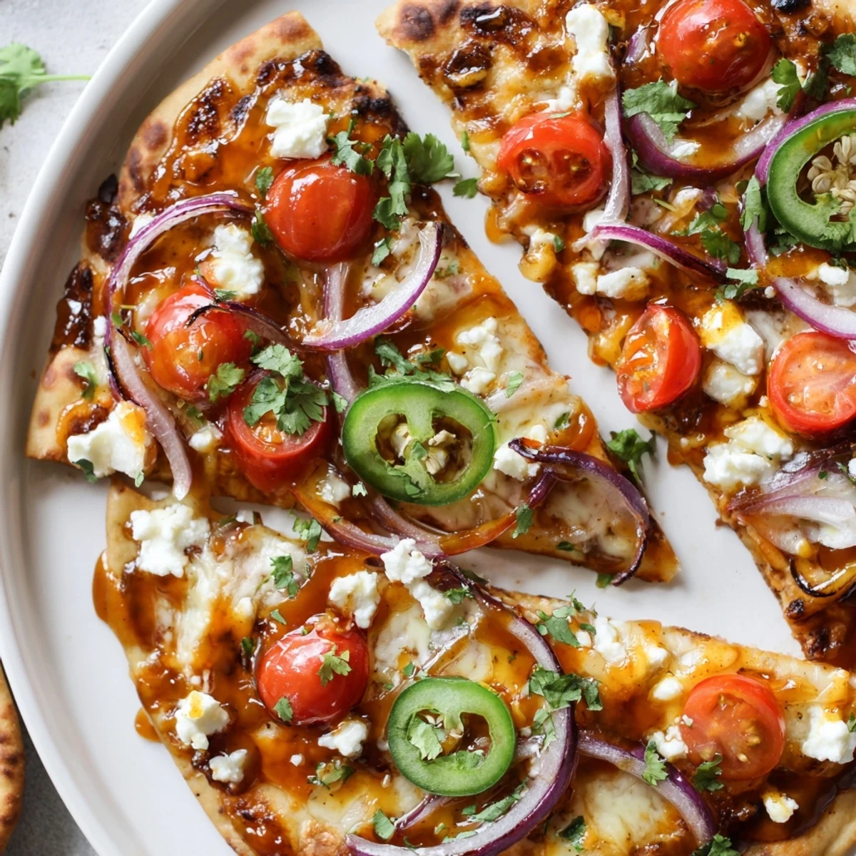 Golden Sweet Heat Honey Garlic Flatbread Pizza cut into slices, drizzled with honey and served on a rustic wooden board.