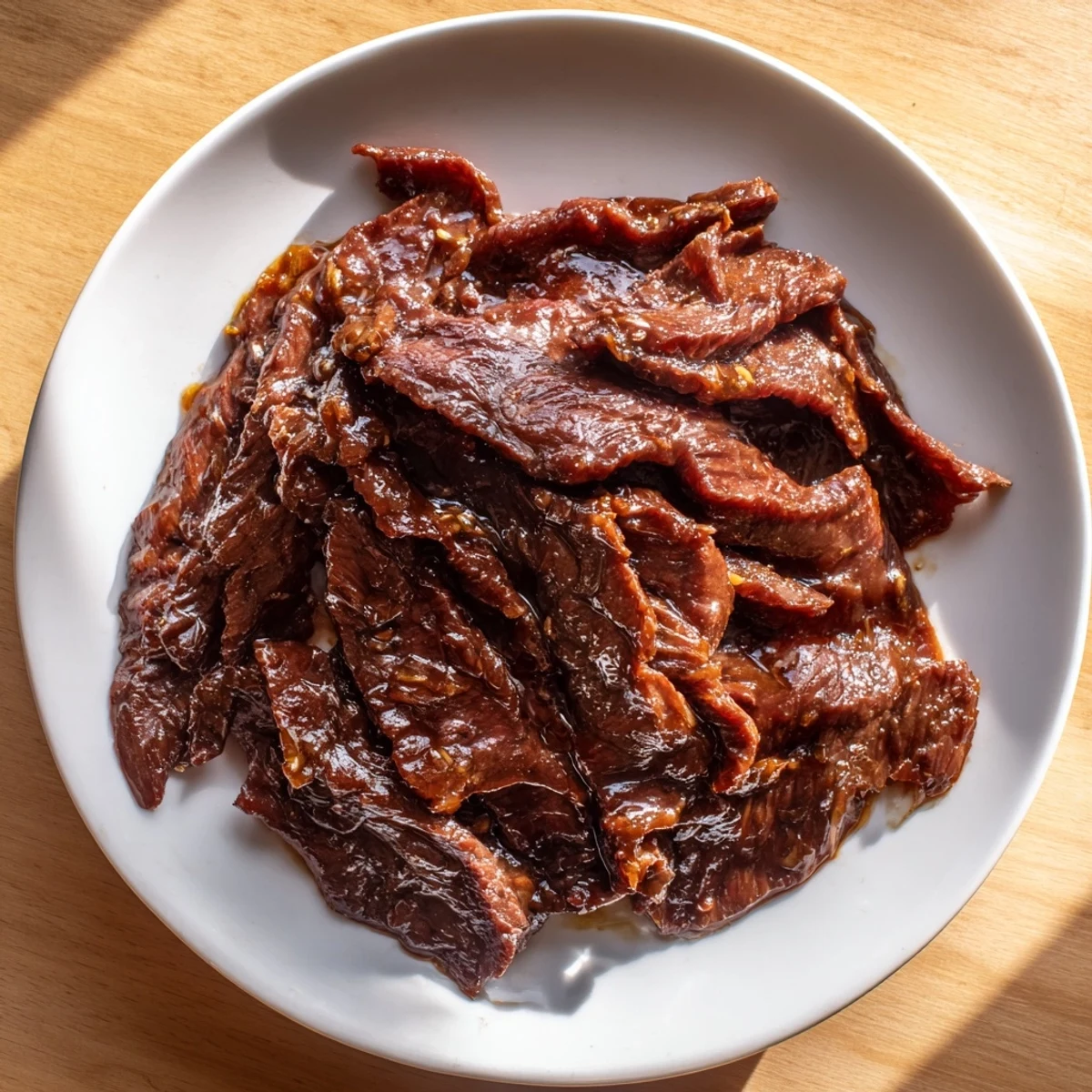 Slices of tender flank steak in Ultimate Slow Cooker Mongolian Beef glisten in a rich, glossy brown sauce.