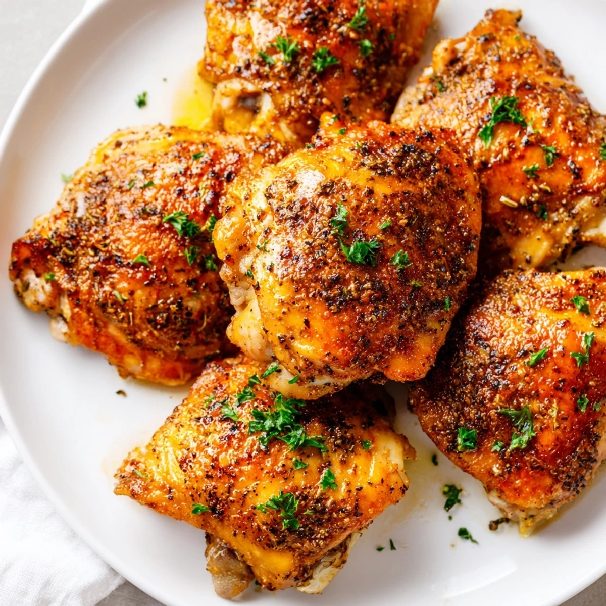 Golden-brown oven baked chicken breasts with herbs on a rustic plate, garnished with parsley and lemon.