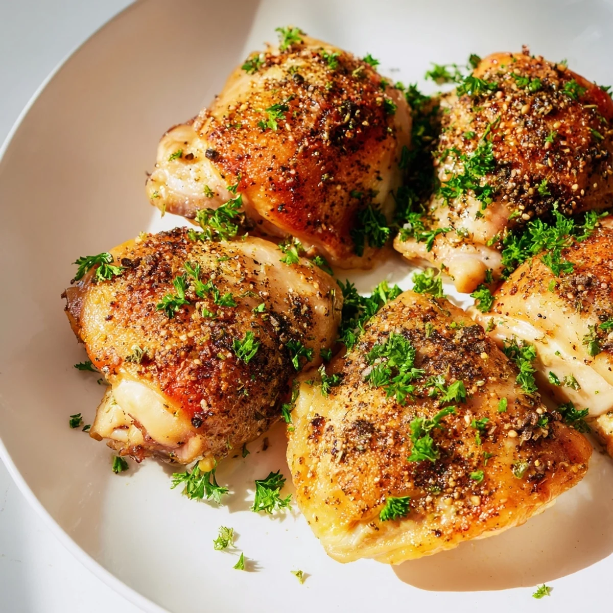 Juicy oven baked chicken breasts served with roasted vegetables and fresh parsley on a white plate.