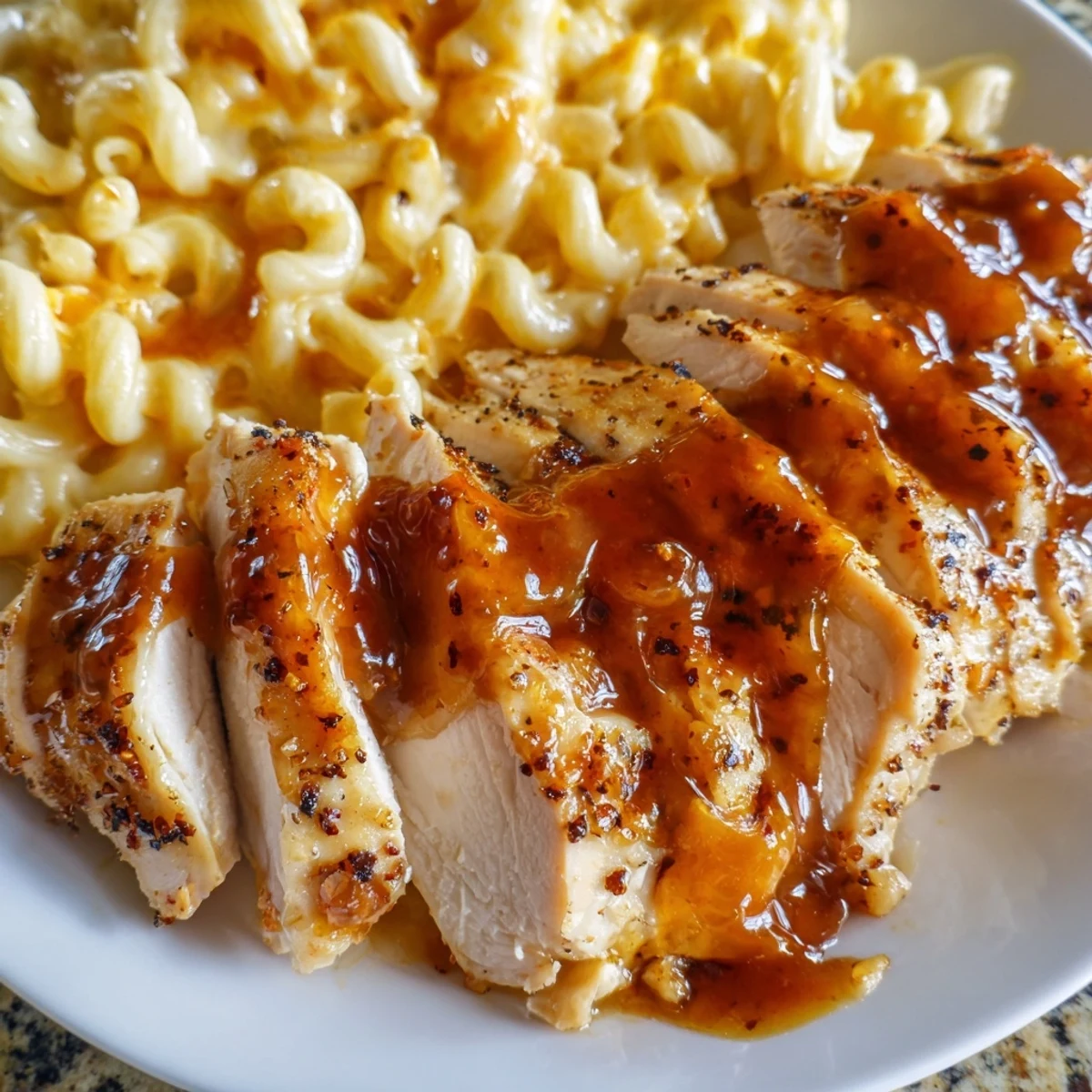 Golden-brown chicken breasts glazed with sweet and spicy honey pepper sauce, served next to a creamy bowl of homemade mac and cheese.