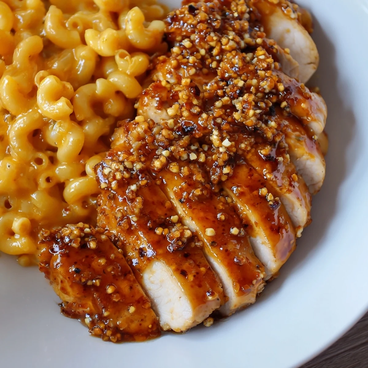 Tender sliced chicken from Sweet and Spicy Honey Pepper Chicken rests over cheesy macaroni, drizzled with extra honey pepper glaze for a comforting meal.
