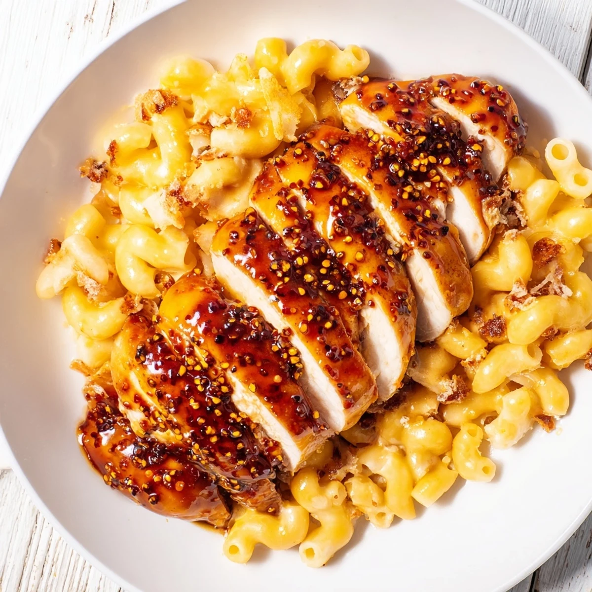 Freshly cracked black pepper and honey sauce coat juicy chicken, paired with a steaming, velvety cheddar mac and cheese on a rustic dinner plate.