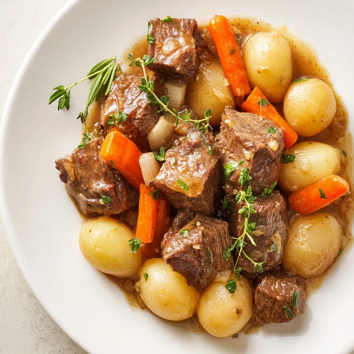 Golden-brown beef cubes and halved baby potatoes simmer in a slow cooker with a rich garlic butter sauce and fresh thyme.