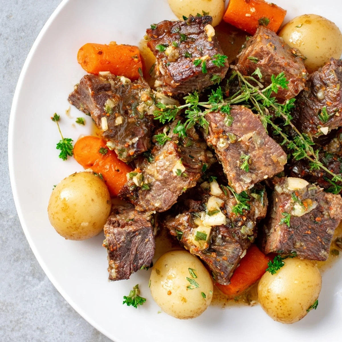 A rustic wooden table holds a slow cooker pot filled with Slow Cooker Garlic Butter Beef with Potatoes and carrots, garnished with parsley.