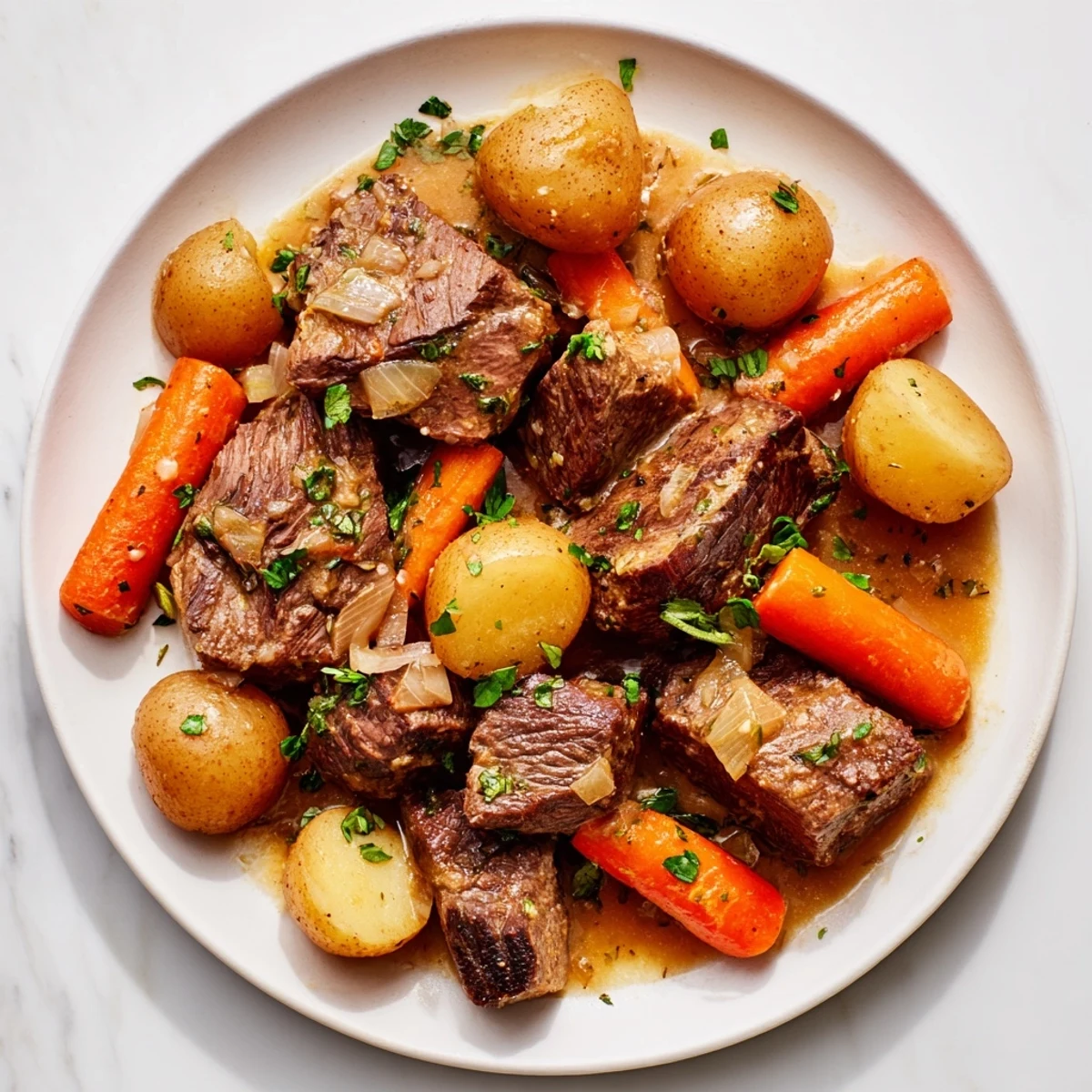 Serve this comforting Slow Cooker Garlic Butter Beef with Potatoes family-style in a large bowl with crusty bread for dipping.