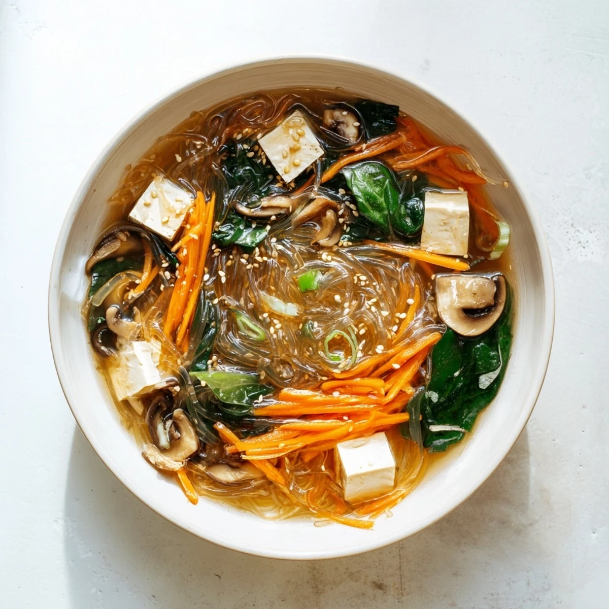 The Japanese Harusame Noodle Soup showcases clear broth, julienned carrots, and shiitake mushrooms.