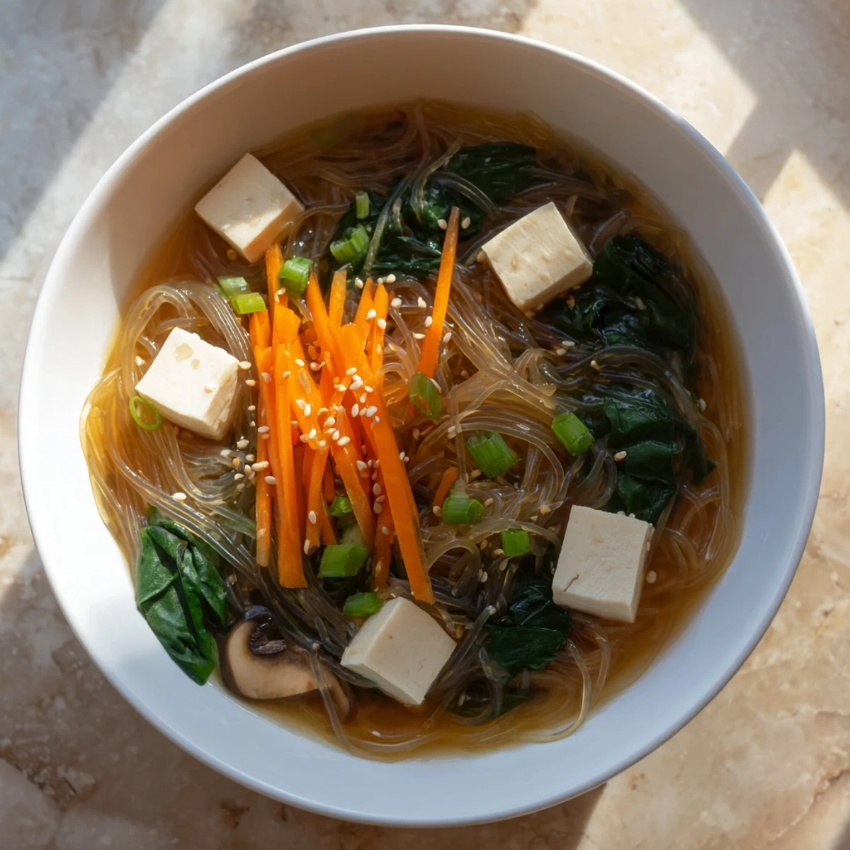 A close-up view of Japanese Harusame Noodle Soup in a ceramic bowl with steam rising.