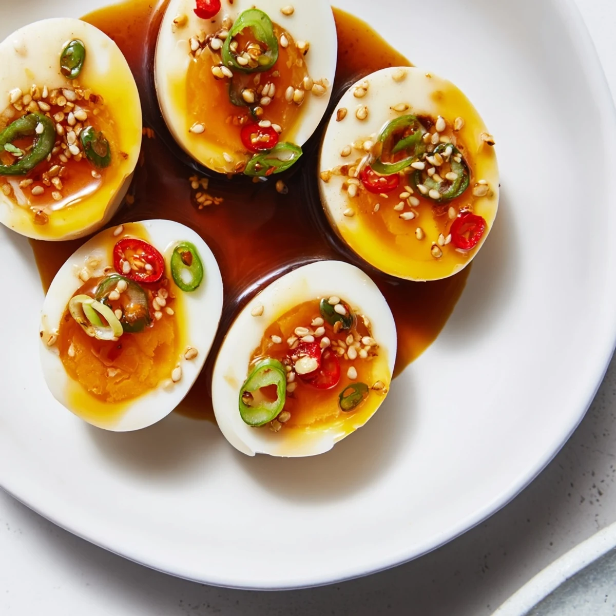 Korean Marinated Eggs glistening in sweet soy marinade with sesame seeds and green onions, served over steamed rice.