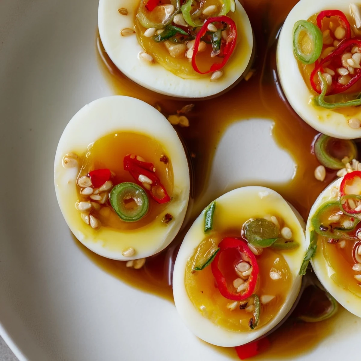 Korean Marinated Eggs in a glass jar with marinade, ready to be served as a savory snack.