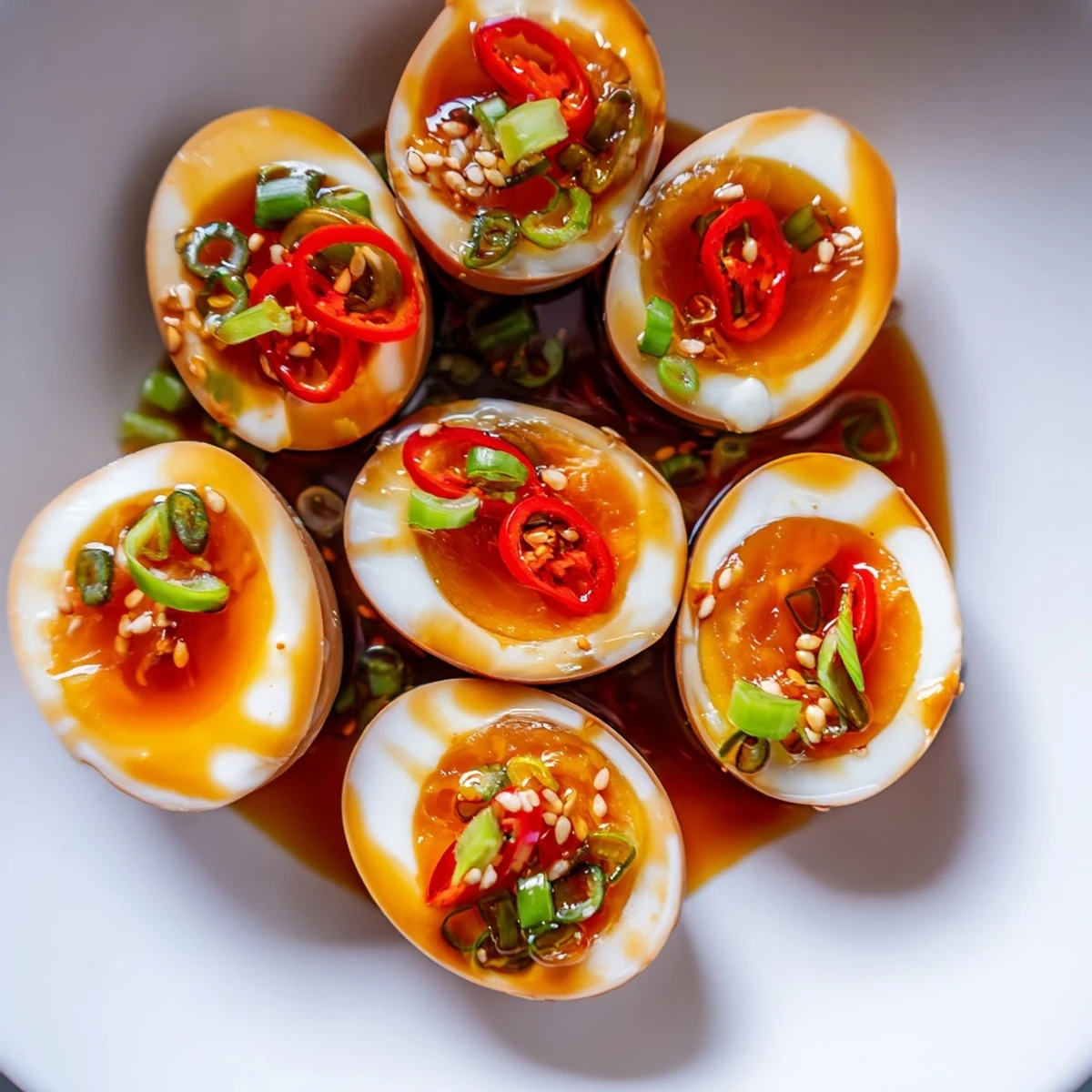 Korean Marinated Eggs halved to reveal jammy yolks, garnished with red chili slices and fresh scallions.