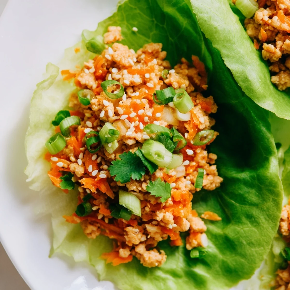Juicy ground chicken filling with ginger and carrots nestled in crisp butter lettuce boats, topped with sesame seeds and cilantro.