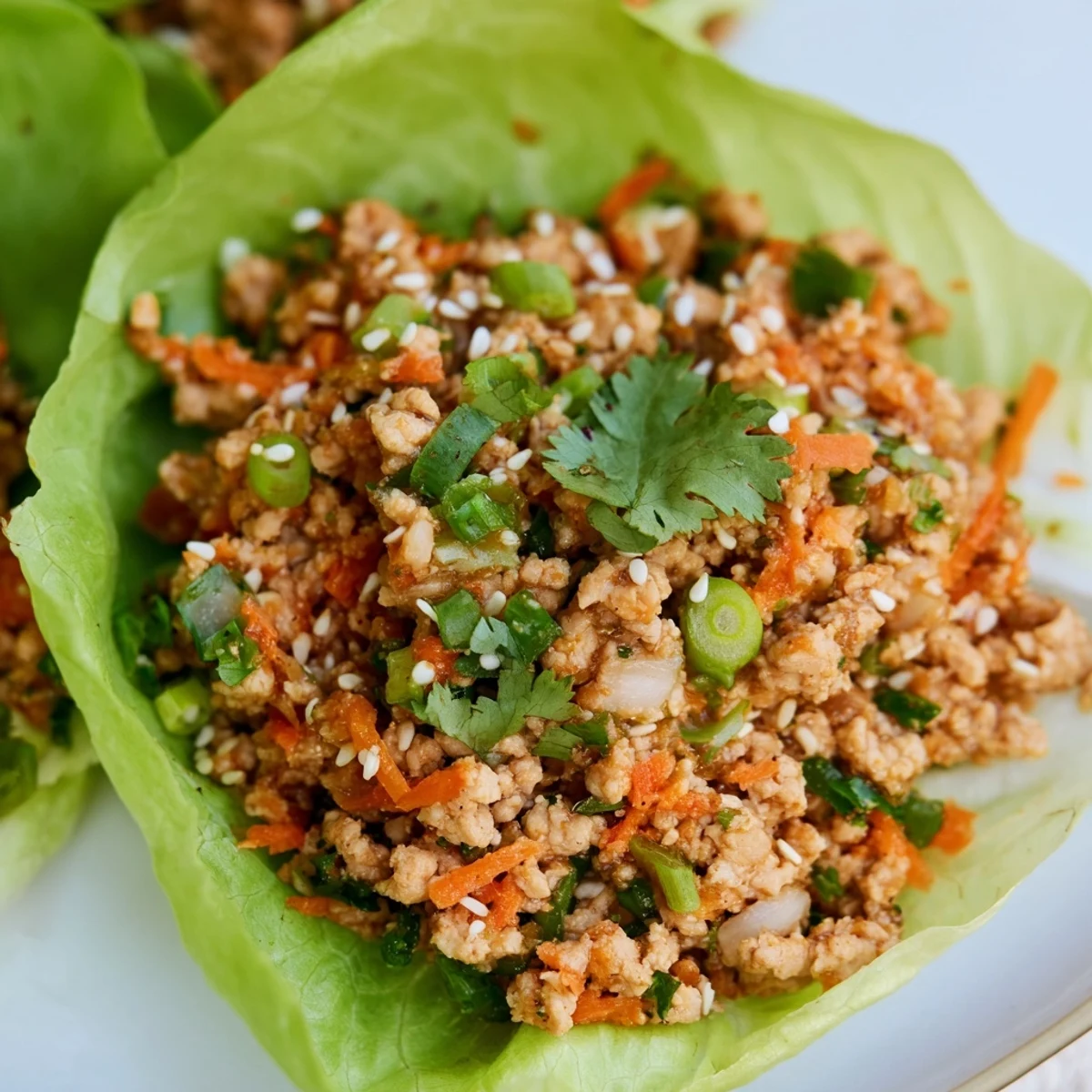 Assembled Potsticker Chicken Lettuce Boats on a plate with red chili slices and toasted sesame seeds for a light low carb meal.
