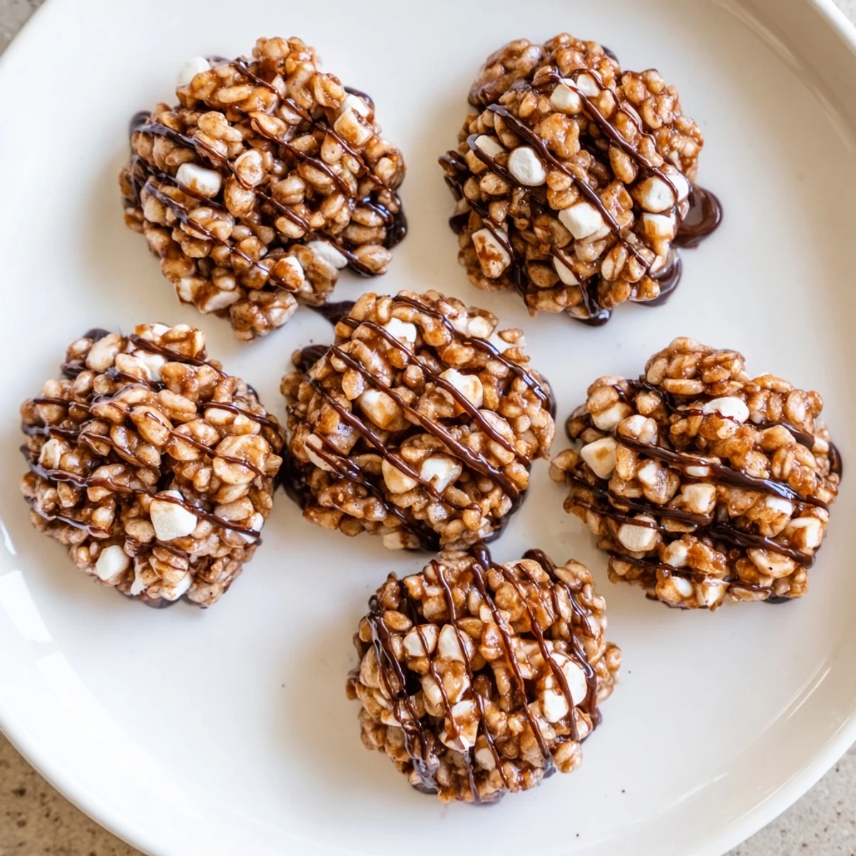 Four golden No Bake Coffee Crunch Rice Krispie Cookies sit on a parchment-lined tray with a glossy chocolate drizzle and toasted pecans, ready to chill.