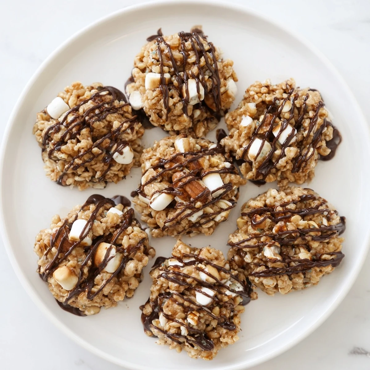 Stacked on a white plate, these No Bake Coffee Crunch Rice Krispie Cookies highlight the rich coffee flavor and crunchy cereal, perfect for an afternoon snack.