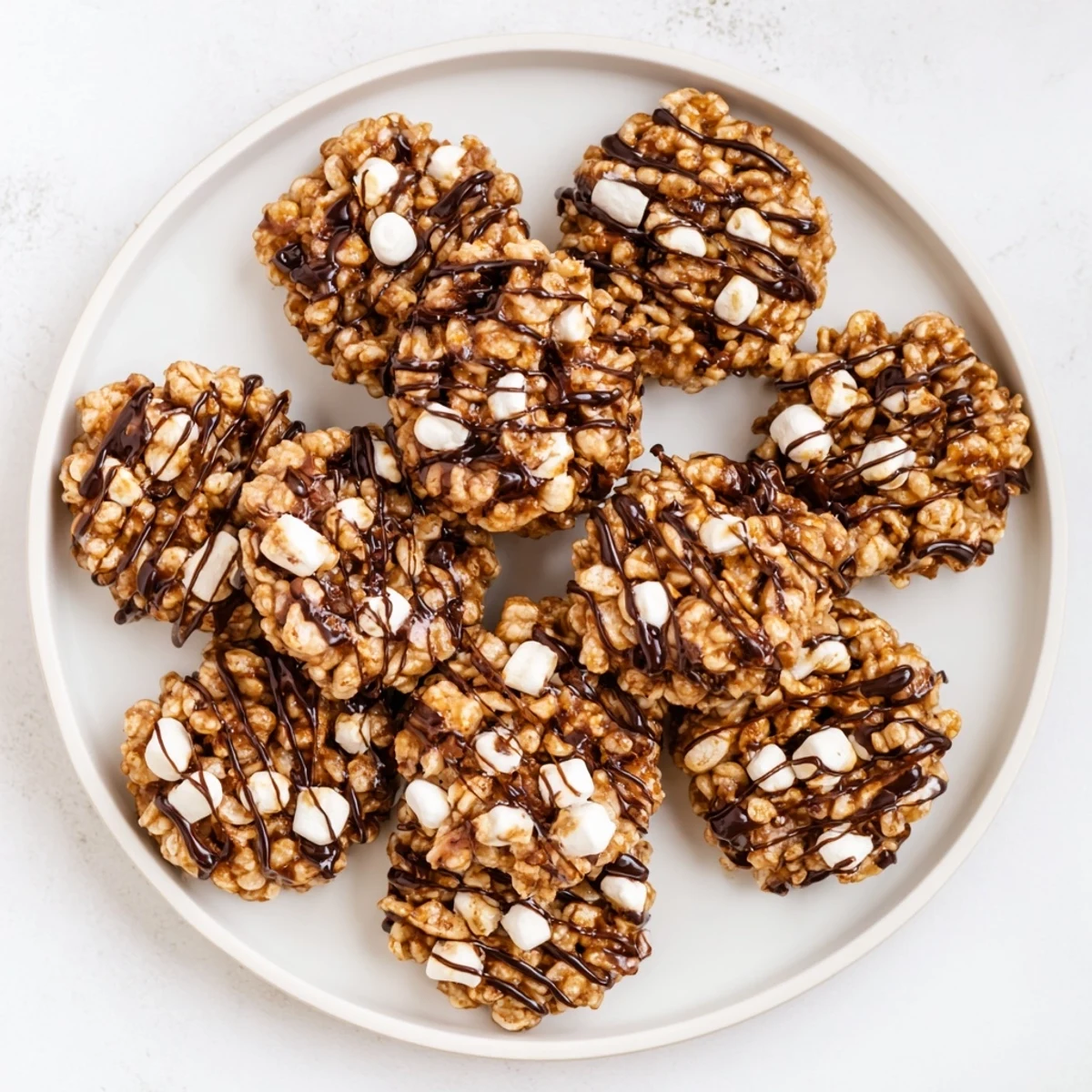 A close-up shows the crispy texture and chewy marshmallow center of No Bake Coffee Crunch Rice Krispie Cookies, paired with a steaming mug of coffee.