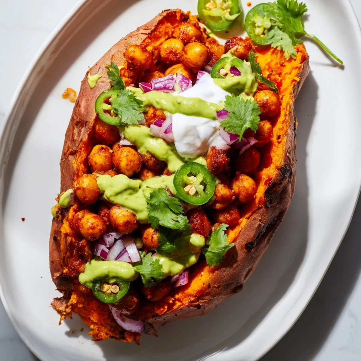 A close-up of a hearty Vegan BBQ Chickpea Sweet Potatoes dish, garnished with fresh cilantro and jalapeño.