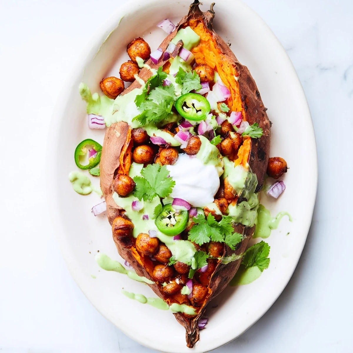 Roasted sweet potatoes topped with smoky BBQ chickpeas and creamy avocado-lime drizzle.