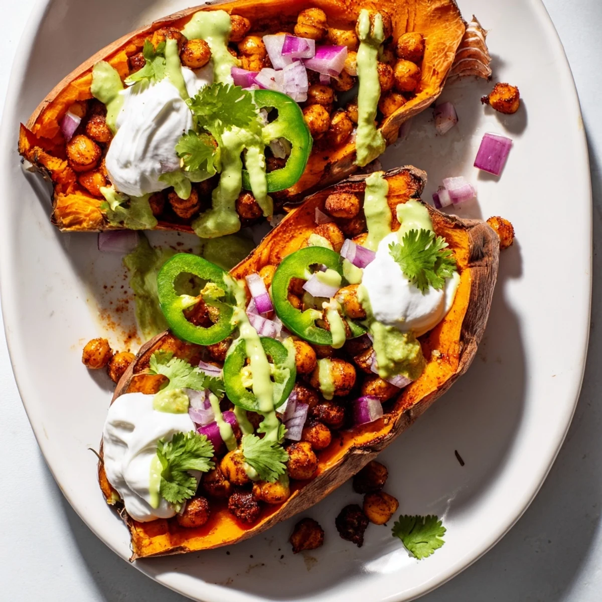 Vegan BBQ Chickpea Sweet Potatoes served hot with vegan sour cream and red onion toppings.